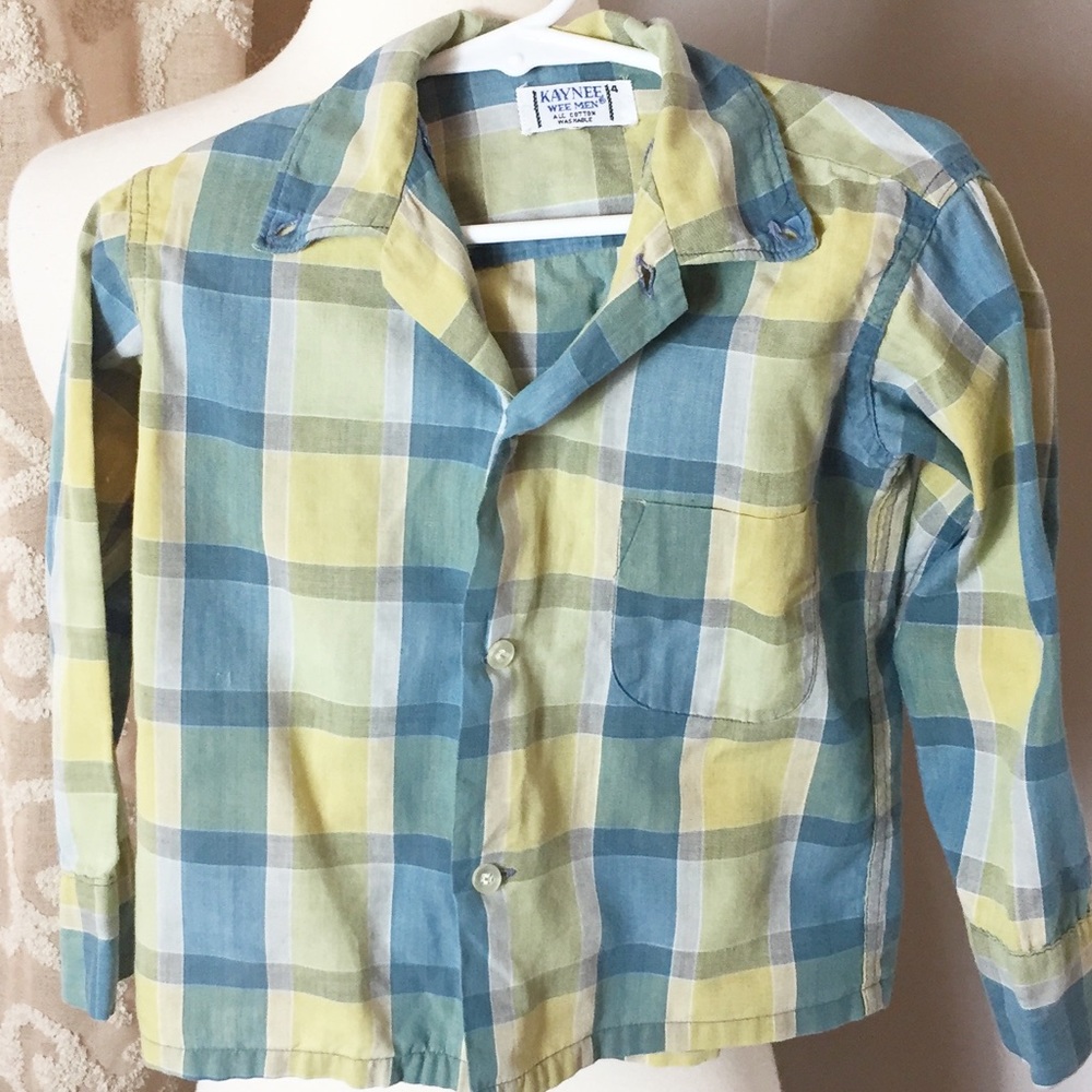 Vintage Kaynee Wee Men Blue and Yellow Plaid Boys Shirt